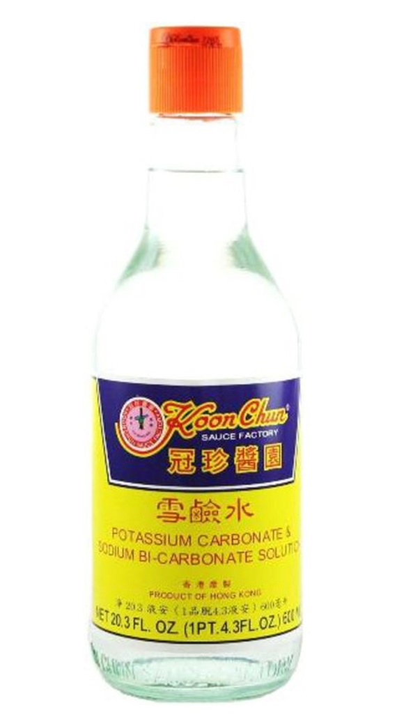 Only Filipino - Lye water also known as kansui, is a food grade potent  liquid alkaline – a food grade potassium carbonate solution. Lye water  gives ramen noodles their distinctive yellow colour