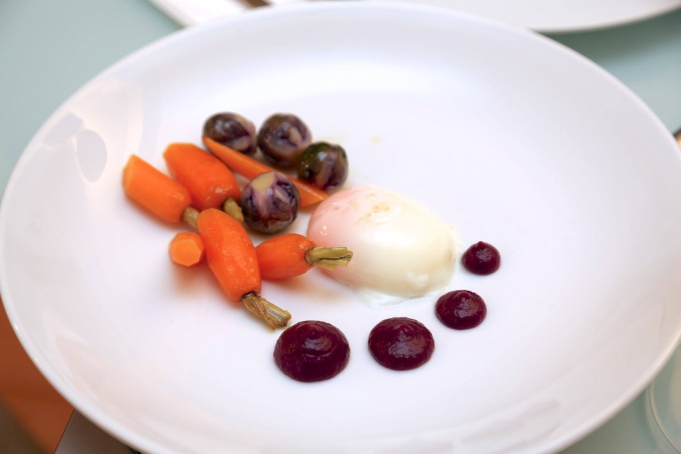 75°C Egg with Sous Vide Carrots, Purple Brussels Sprouts and Red