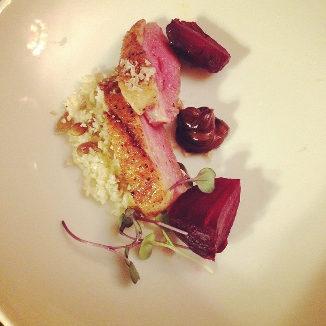 Duck Breast, Roasted Beet, Chocolate, Cauliflower, Pine Nuts Photo by
