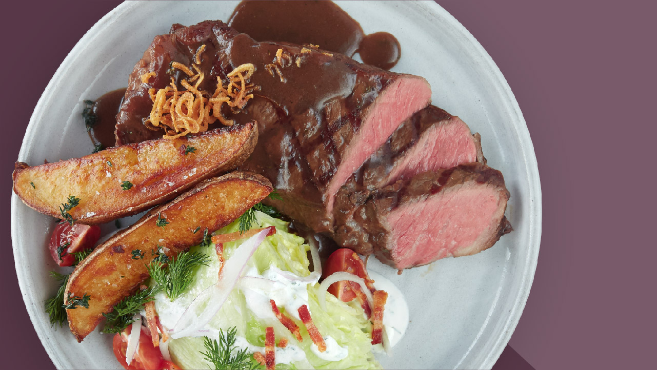 New York Strip With Red Wine Beef DemiGlace, ThickCut Steak Fries