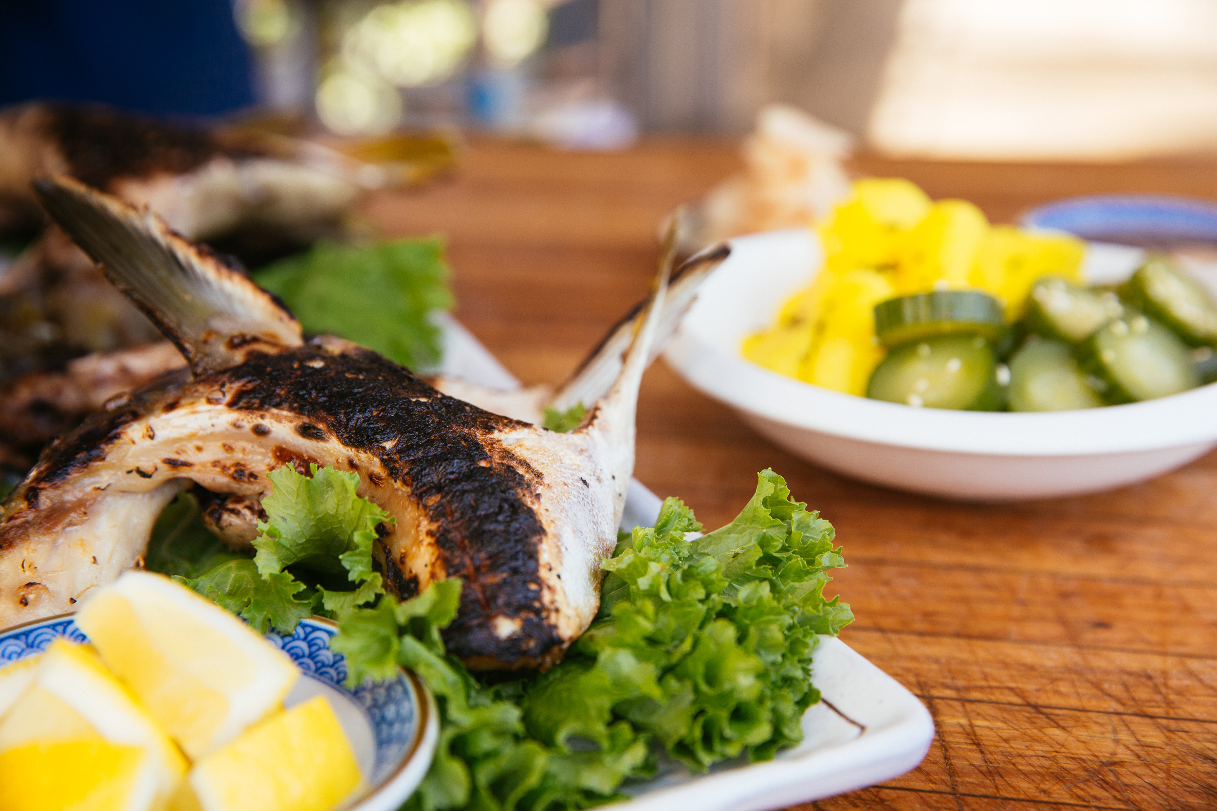 Grilled Hamachi Collar With Marinated Mushrooms and Quick Pickles