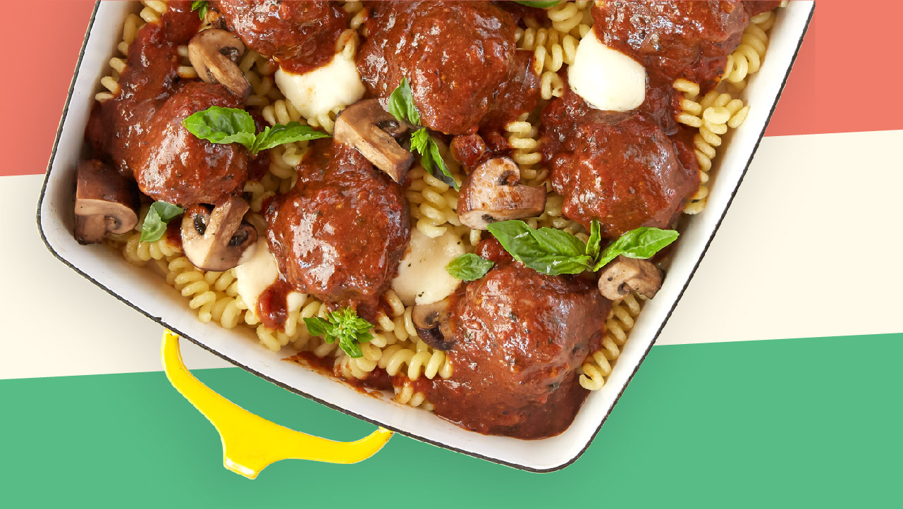 Meatball Pomodoro Over Fusilli Corti Bucati With Fresh Basil, Parmesan