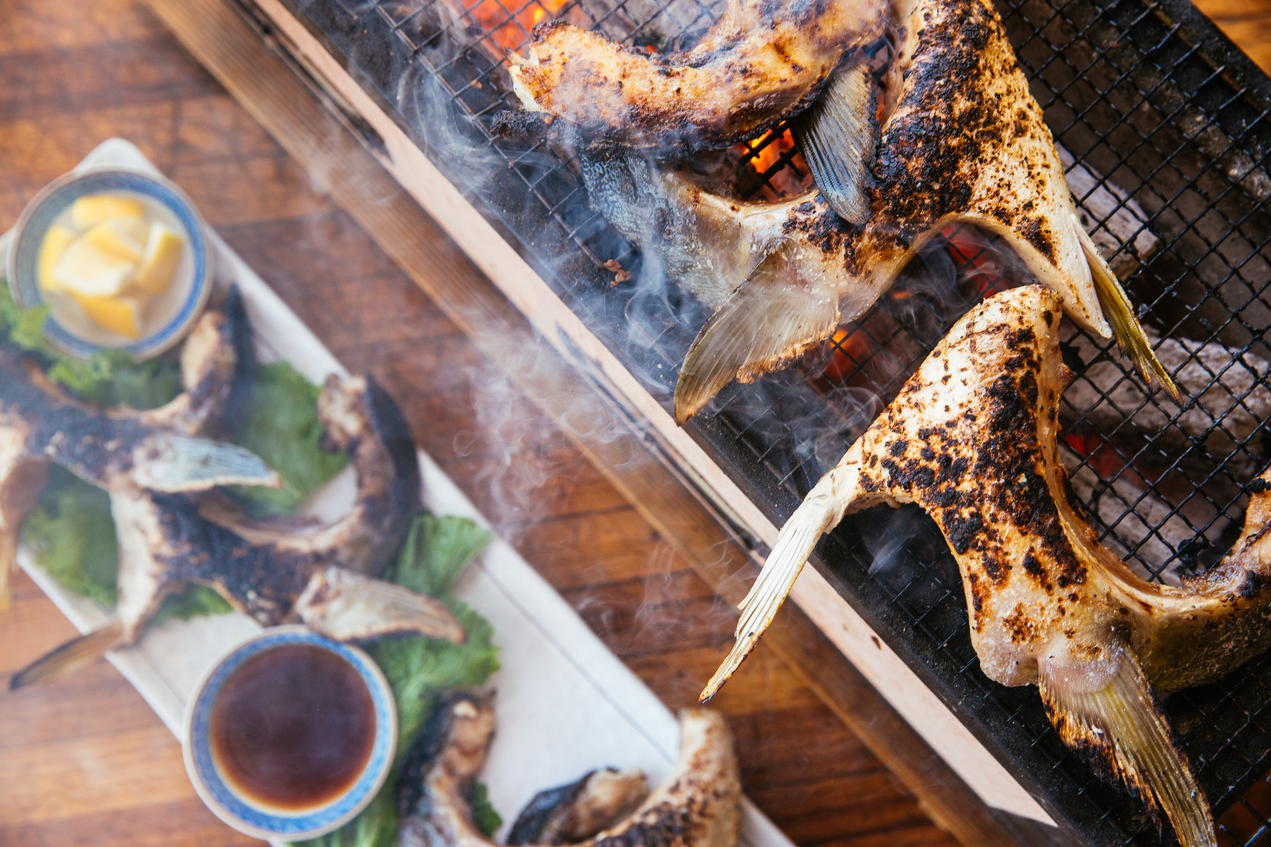 Grilled Hamachi Collar With Marinated Mushrooms and Quick Pickles