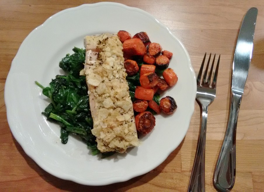 Sous Vide Fish & Chips with sautéed spinach, roasted carrots Photo by