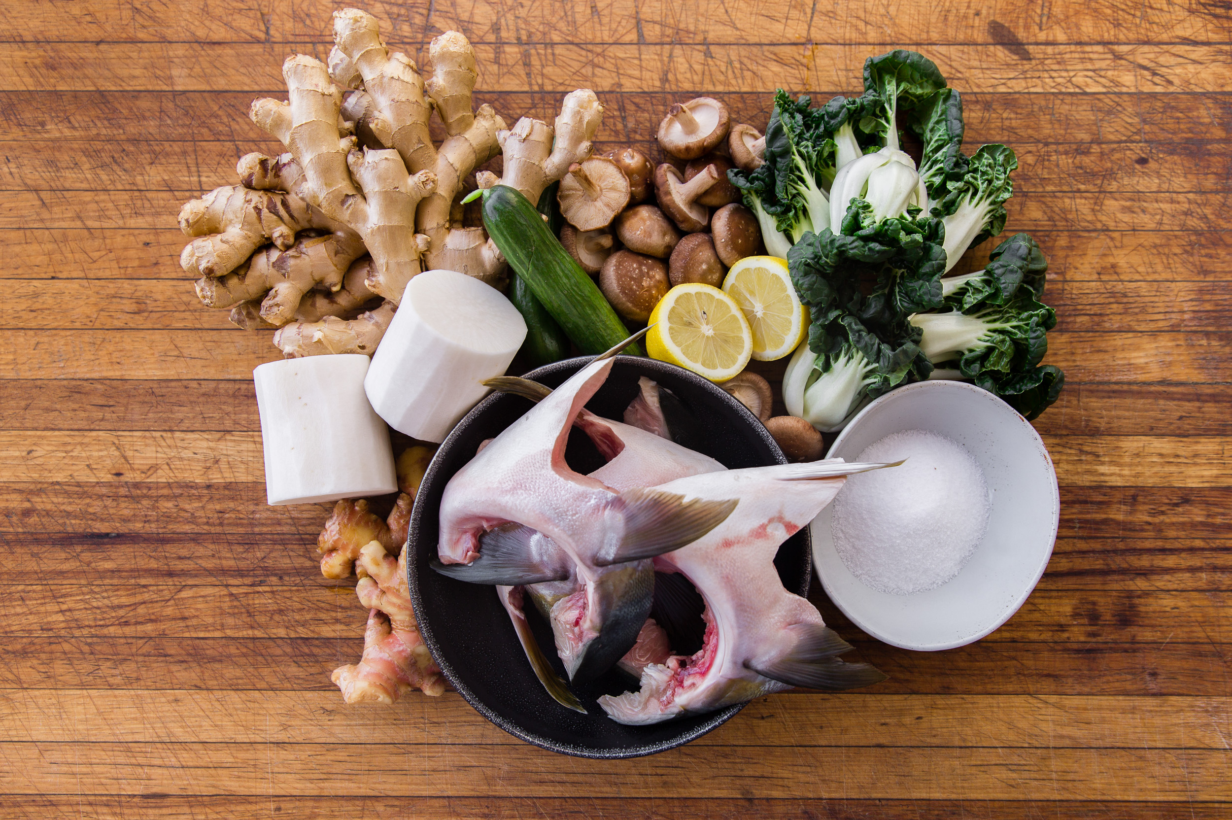 Grilled Hamachi Collar With Marinated Mushrooms and Quick Pickles